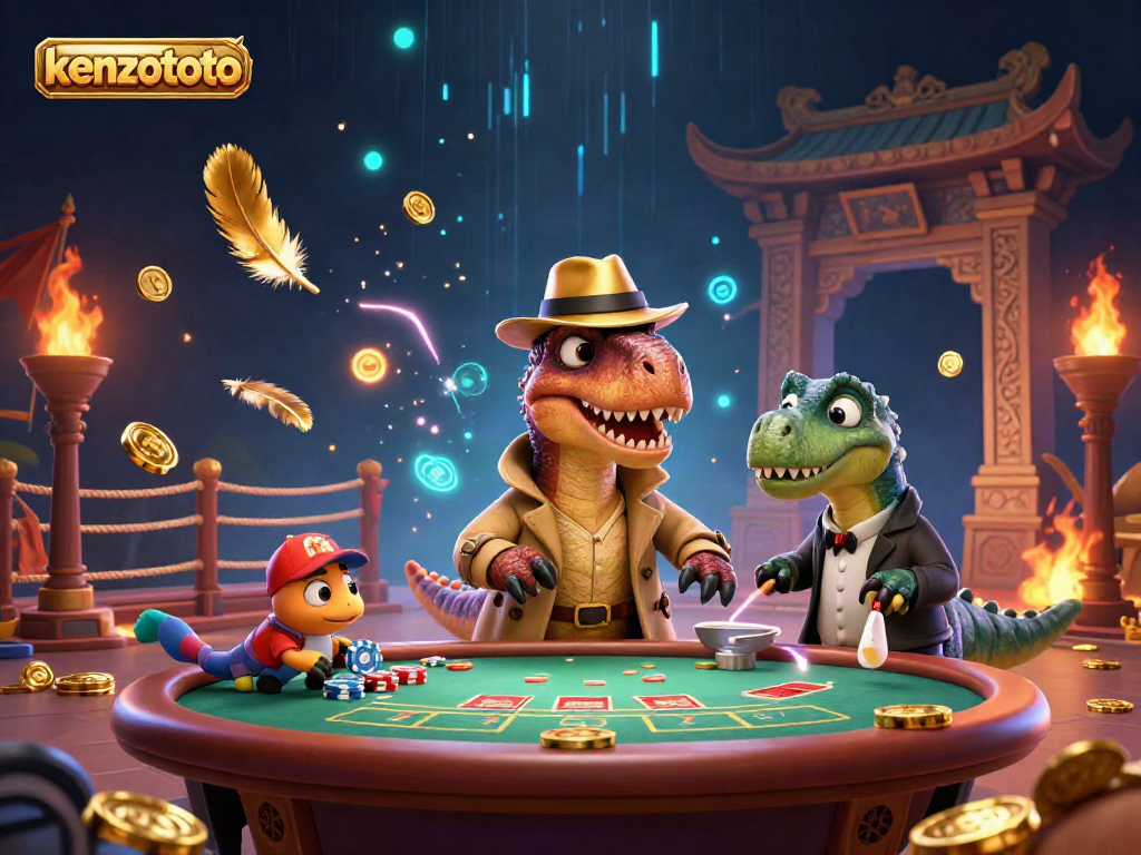 Kenzototo velociraptor card counter plays discreetly at the blackjack table amidst dynamic casino elements.