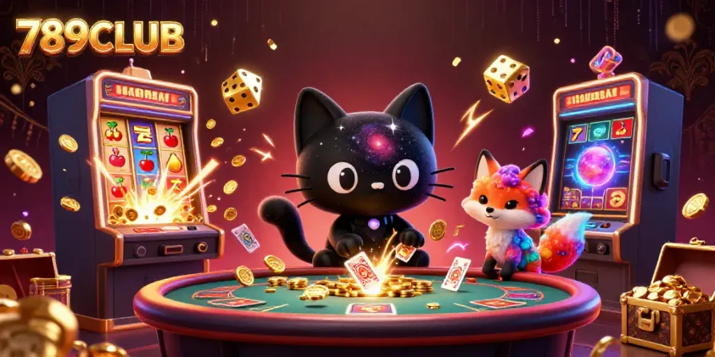 Engage with 789CLUB at an exciting cosmic casino featuring an interactive game scene with playful characters.