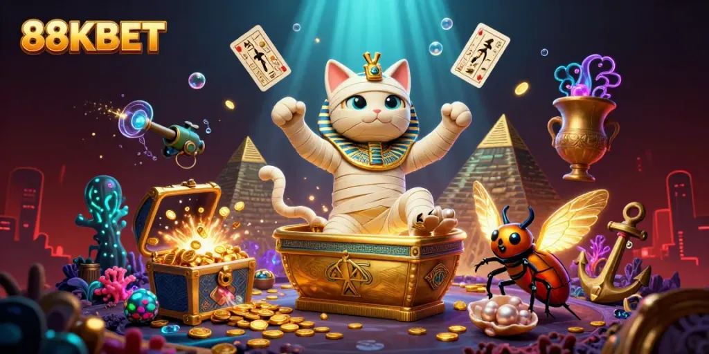 Experience vibrant gaming action at 88KBET through a colorful and dynamic casino illustration.