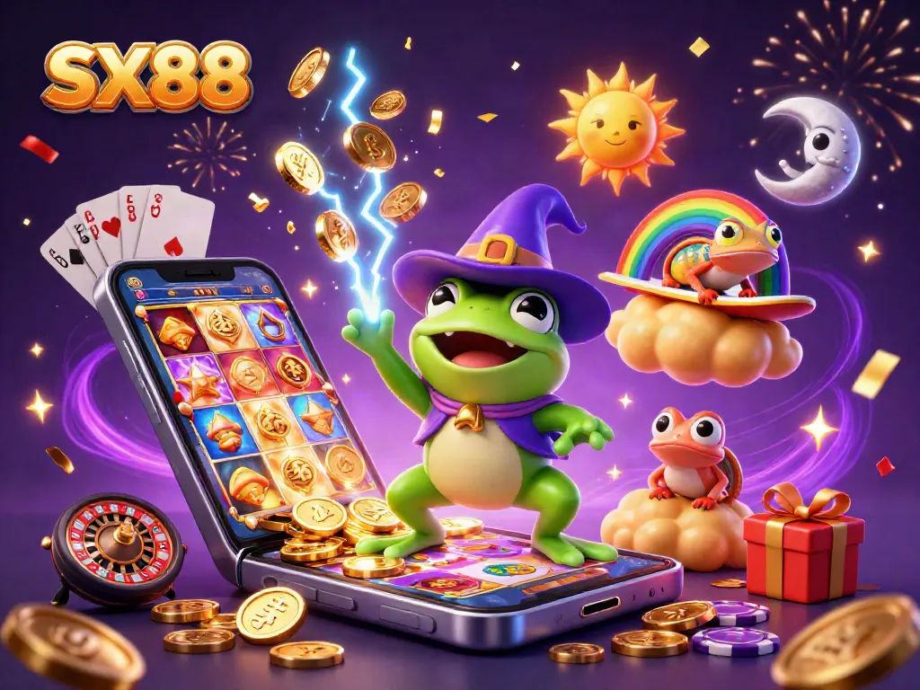 SX88 unleashes a storm of winning gems as a cheerful frog conjures coins and playful creatures celebrate the jackpot.