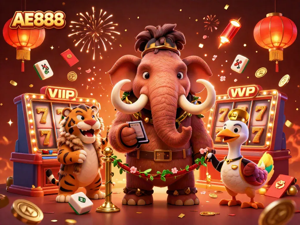 Experience excitement at AE888 casino with vibrant characters and slot game elements in an energetic scene.