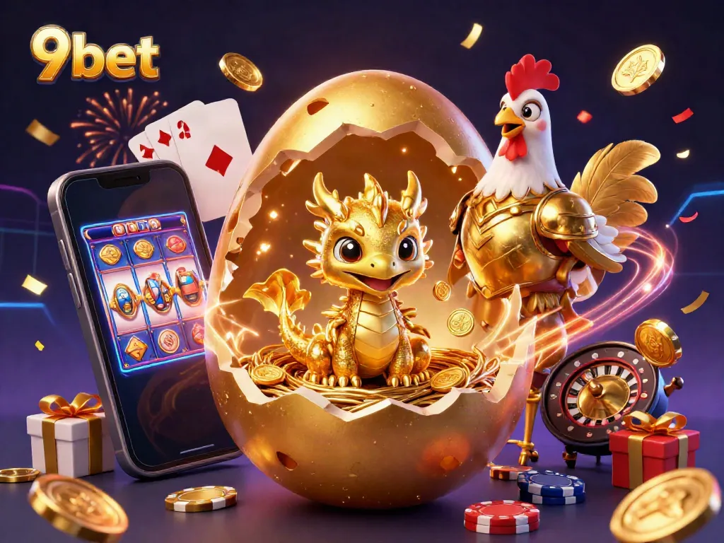 Engage with the fantasy of 9bet as a golden dragon emerges from a colossal egg, surrounded by vibrant casino elements.