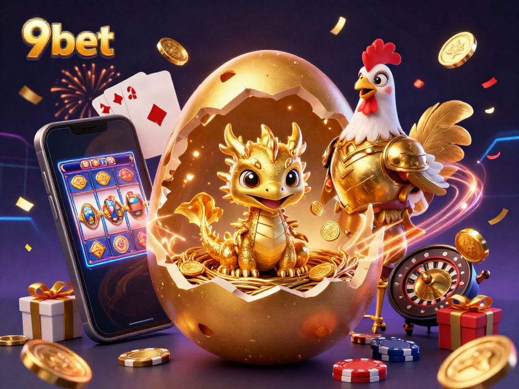 Engage with the fantasy of 9bet as a golden dragon emerges from a colossal egg, surrounded by vibrant casino elements.