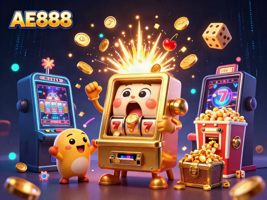 Celebrate big wins with AE888's vibrant casino action scene featuring slot machines.