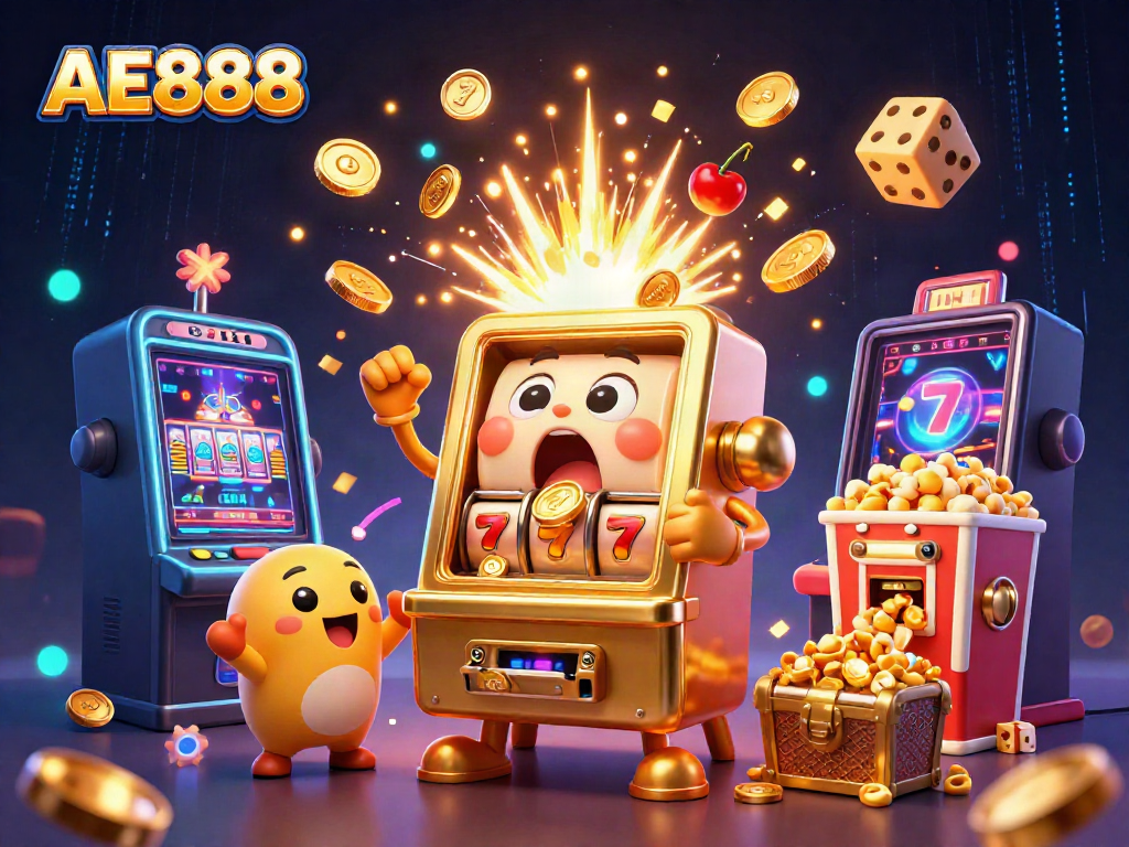 Celebrate big wins with AE888's vibrant casino action scene featuring slot machines.