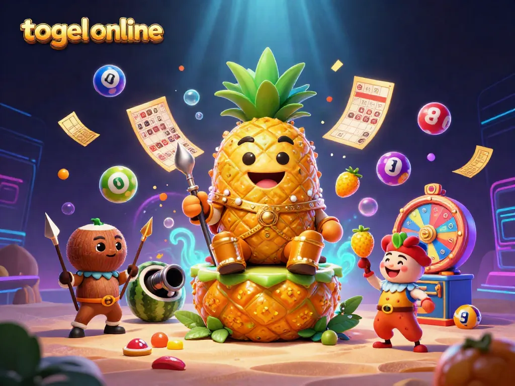 Engage with togel online fun through a vibrant 3D scene featuring a casino-themed illustration packed with colorful elements.