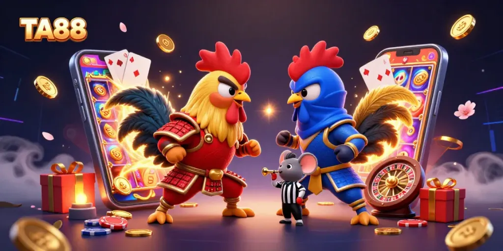 TA88 showcases thrilling combat between samurai rooster and ninja rooster in a colorful 3D casino scene.