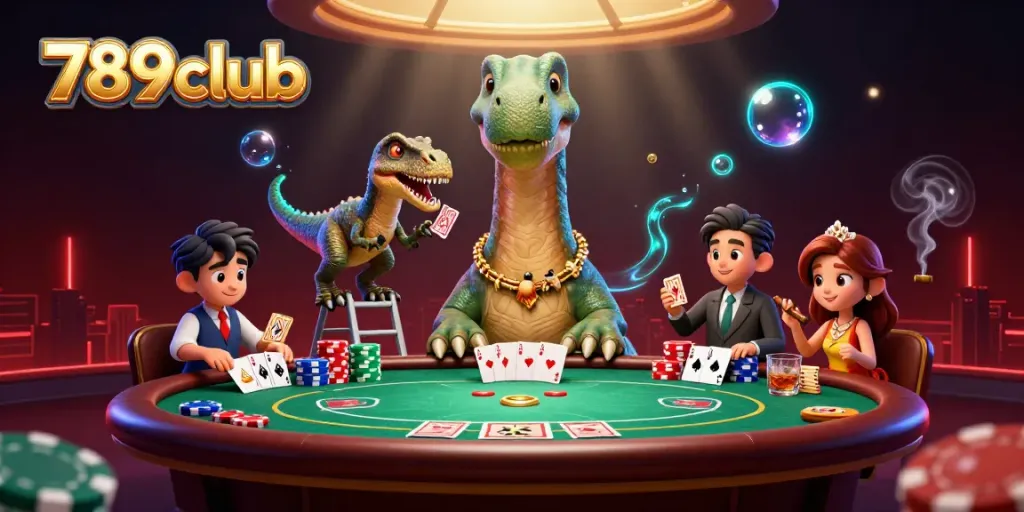 Experience thrilling poker action with 789club as dinosaurs engage over a vibrant casino table.