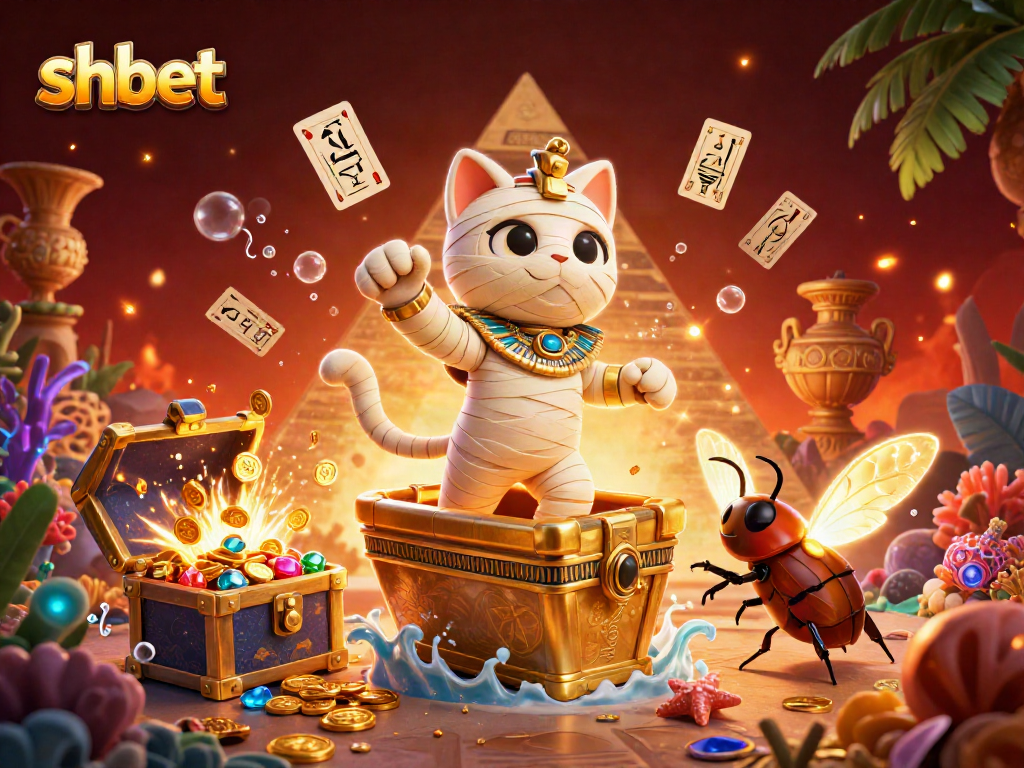 Win big with shbet in this vibrant casino scene featuring an Egyptian mummy cat and treasures.