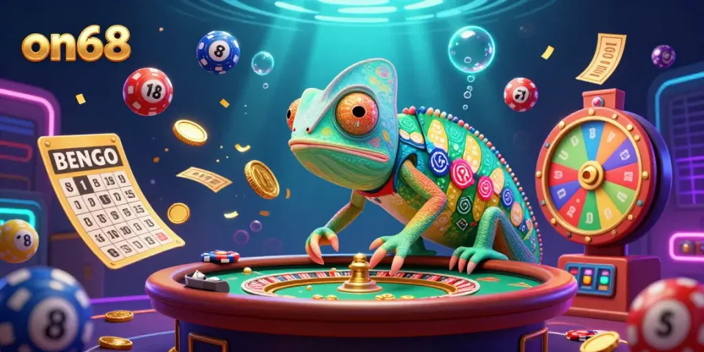 Experience the exciting world of on68 with vibrant casino visuals, chameleon, and lively lottery elements.