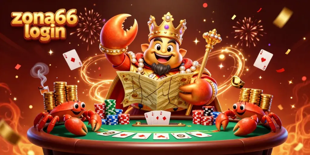 Engage with zona66 login at a vibrant casino scene featuring a golden crab emperor and poker elements.