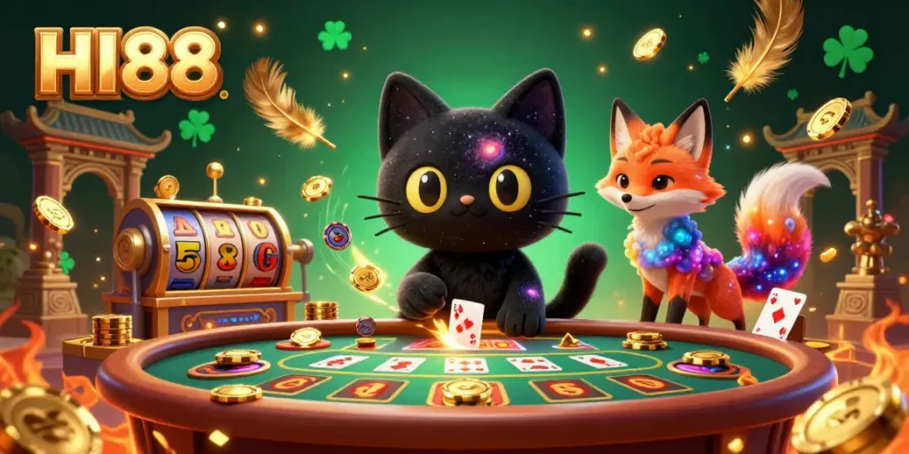 Experience the magic of HI88 with an engaging 3D casino scene featuring a black hole cat and nebula fox.