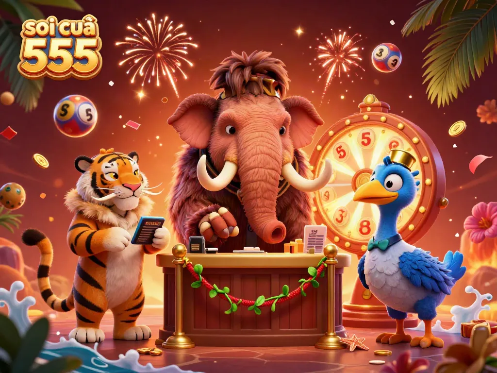 Soi cầu 555 presents a vibrant 3D lottery scene with characters and dynamic elements highlighting excitement.