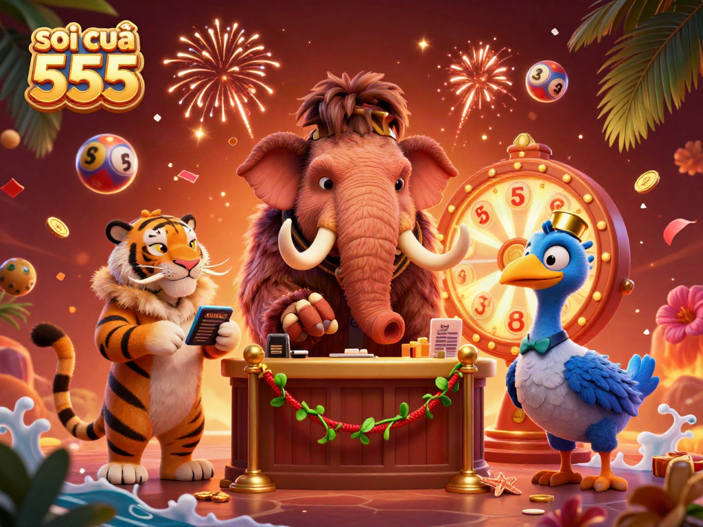 Soi cầu 555 presents a vibrant 3D lottery scene with characters and dynamic elements highlighting excitement.
