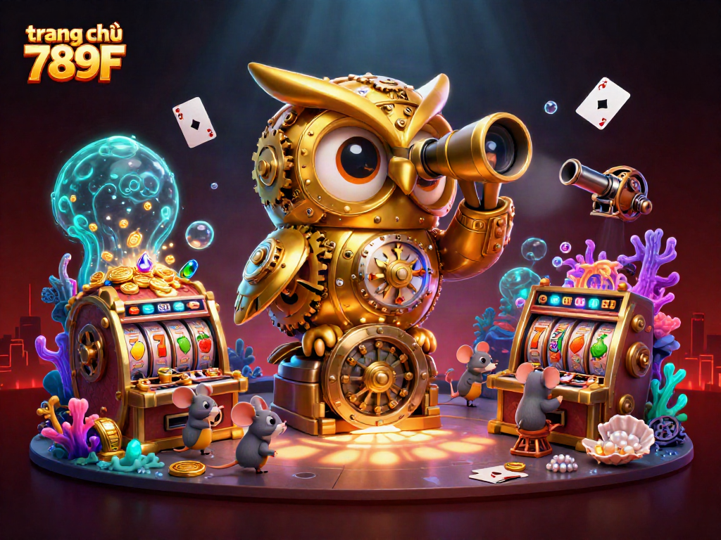 Engage with the vibrant world of trang chủ 789F featuring a golden owl overseeing a dynamic casino floor scene