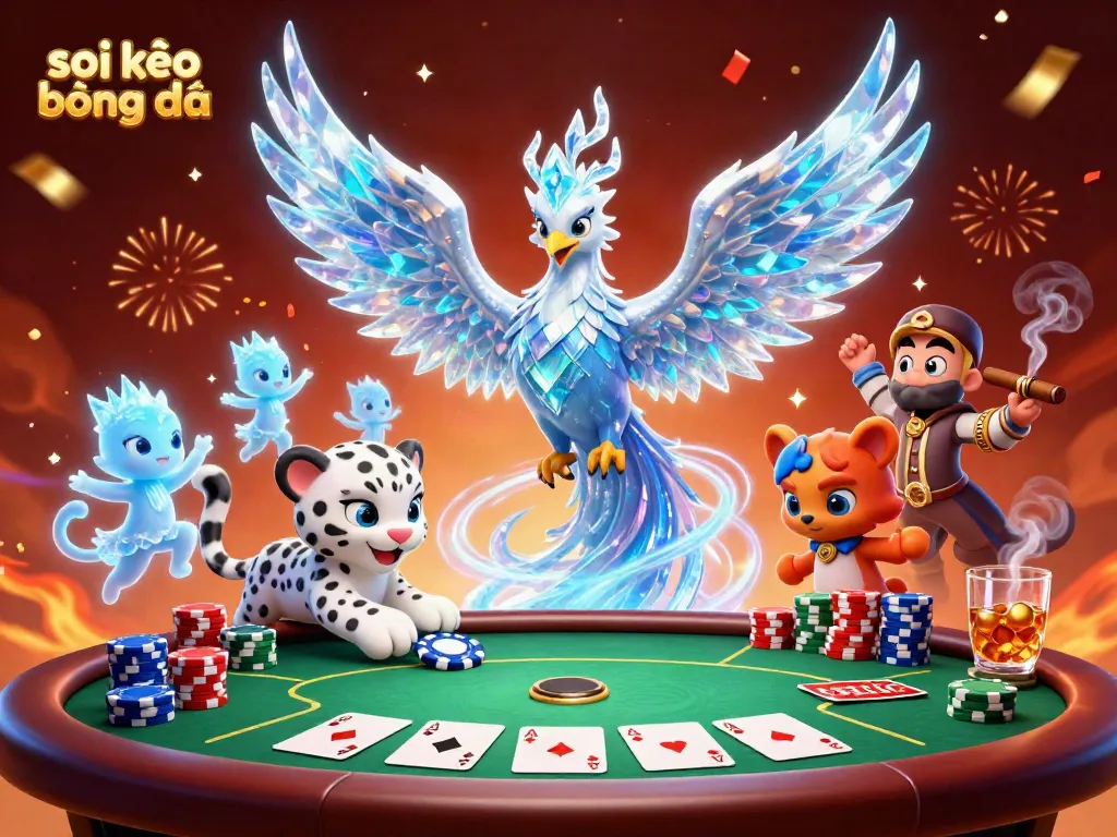 Soi kèo bóng đá with a vibrant 3D cartoon scene of an ice phoenix and a snow leopard cub amid poker elements.