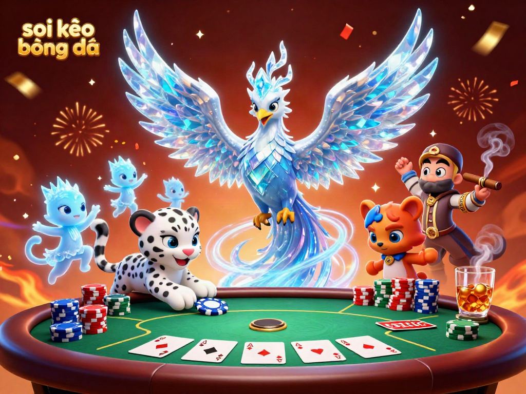 Soi kèo bóng đá with a vibrant 3D cartoon scene of an ice phoenix and a snow leopard cub amid poker elements.