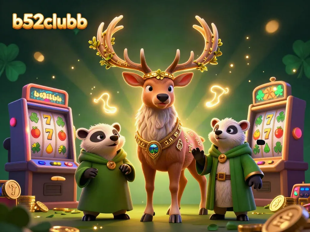 Spin the reels at b52clubb with vibrant characters and dynamic casino elements in a magical scene.