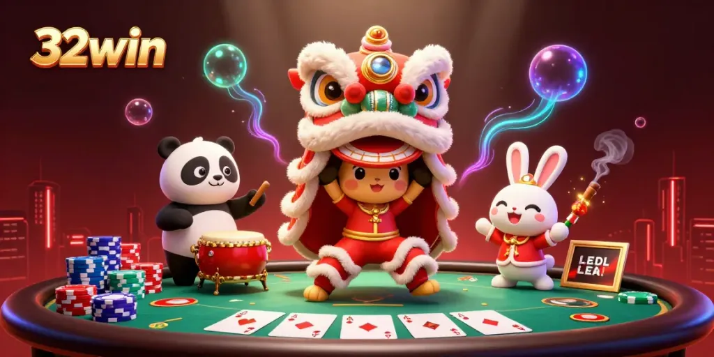 Experience the excitement of 32win with a vibrant casino scene featuring lively characters and dynamic game elements.