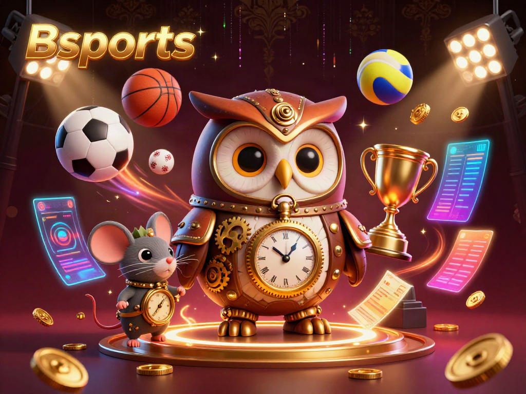Bets on Bsports come alive in a dazzling 3D scene with time-traveling owl and sports balls.