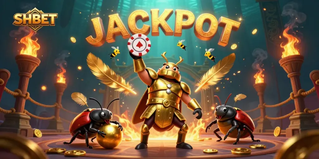 Experience winning strategies at SHBET casino with vibrant 3D illustration featuring golden chips and dynamic characters.
