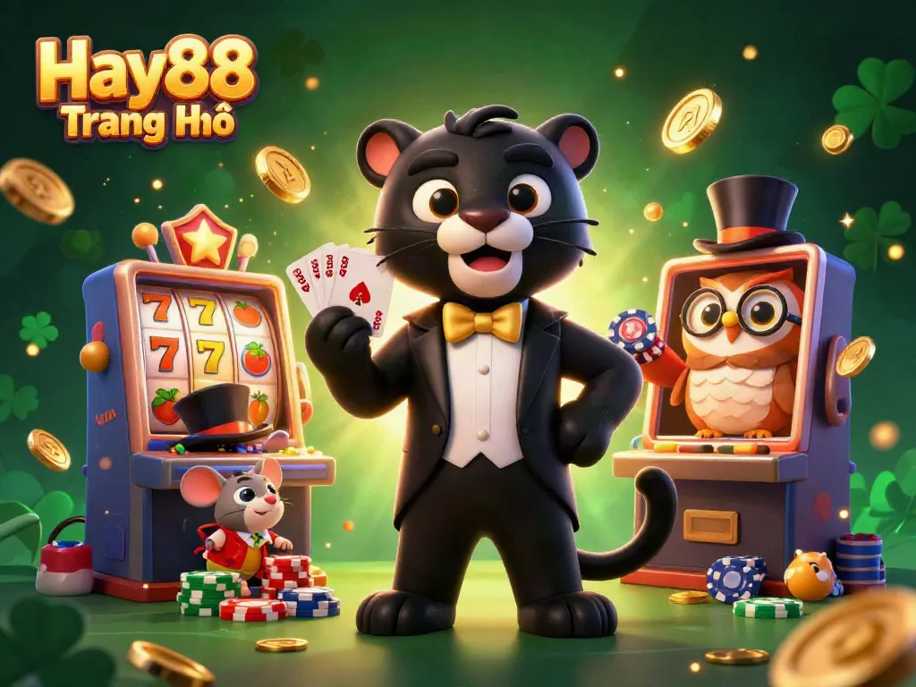 Engaging scene featuring Hay88 Trang Chủ with a panther dealer and casino elements like slot machines.