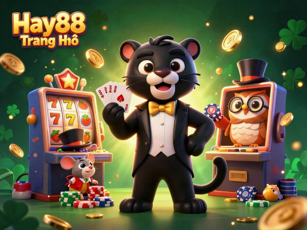 Engaging scene featuring Hay88 Trang Chủ with a panther dealer and casino elements like slot machines.