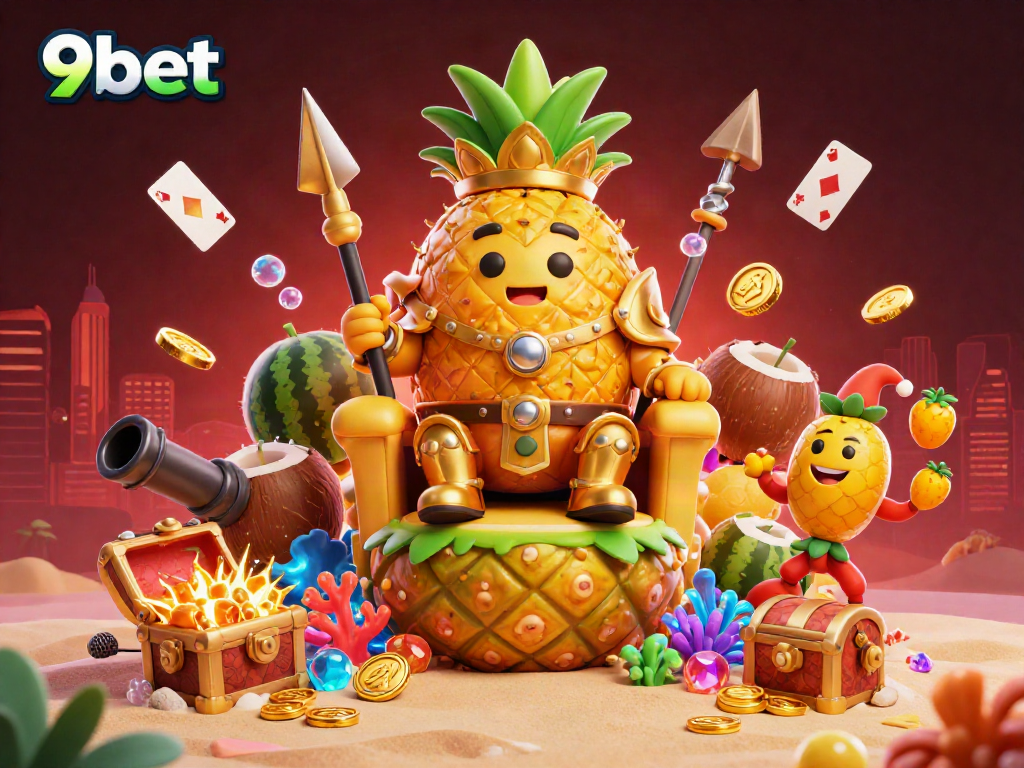 Engage in the thrilling world of 9bet with a vibrant casino scene featuring a golden pineapple king and exhilarating game elements.