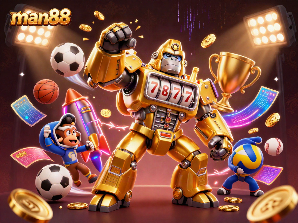 Experience the excitement of man88 with a golden gorilla mech amidst vibrant casino elements