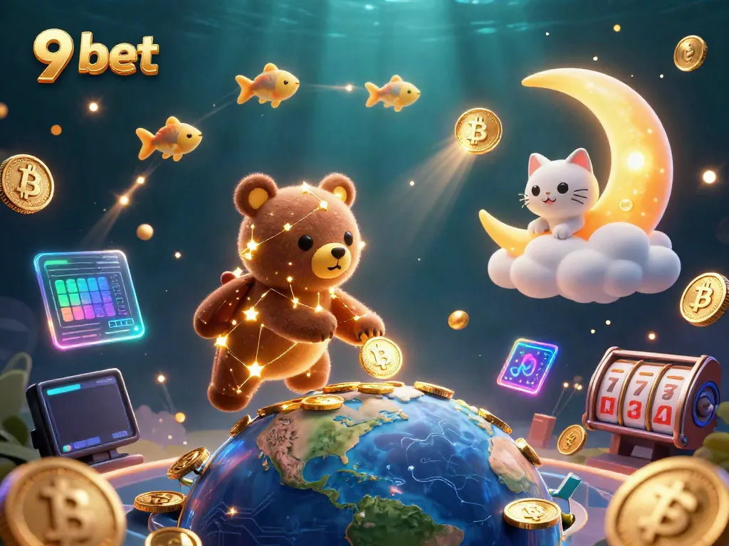 Experience thrilling wins with 9 bet as constellation bear collects coins amidst vibrant 3D casino elements.
