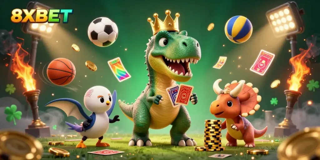 Experience thrilling gameplay at 8XBET with a vibrant scene showcasing casino energy and friendly dinosaur characters.