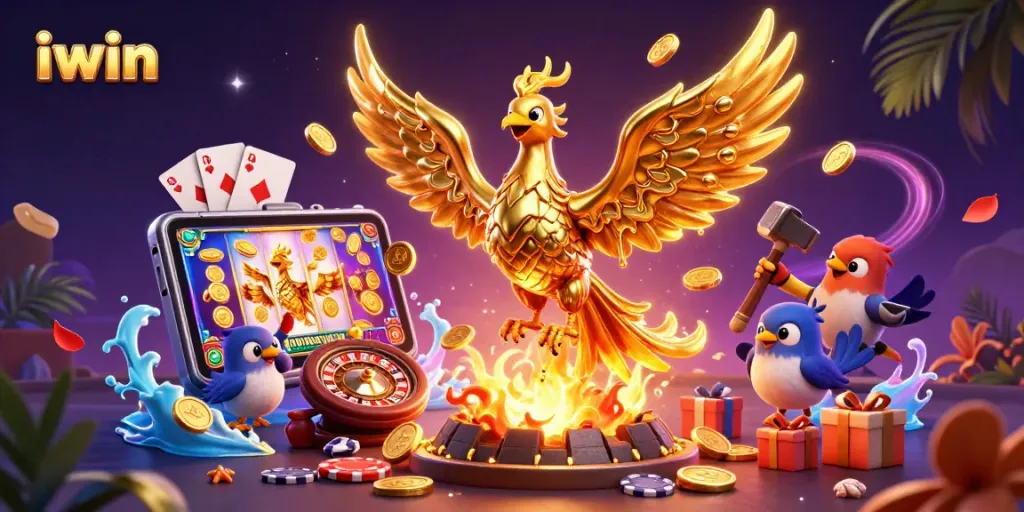 Experience exhilarating slot gaming with iwin, featuring a golden phoenix and captivating casino elements.