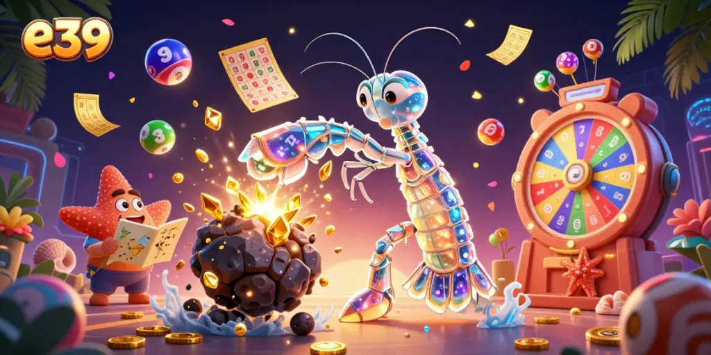 Experience thrilling wins with e39 in a vibrant 3D casino atmosphere, featuring colorful game elements