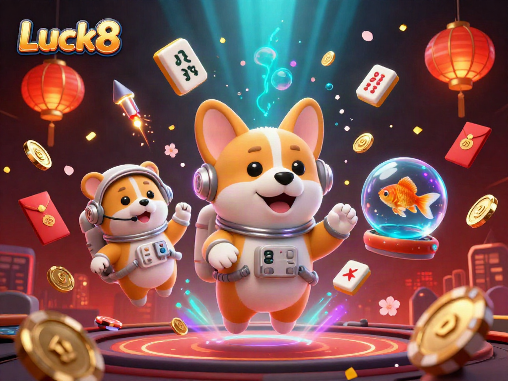 Luck8 casino scene with a floating astronaut corgi amidst gaming elements and festive decorations.