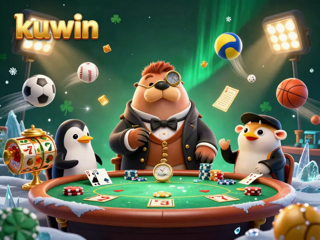 Kuwin betting scene with a jolly walrus and penguin dealer at poker surrounded by vibrant gaming elements.
