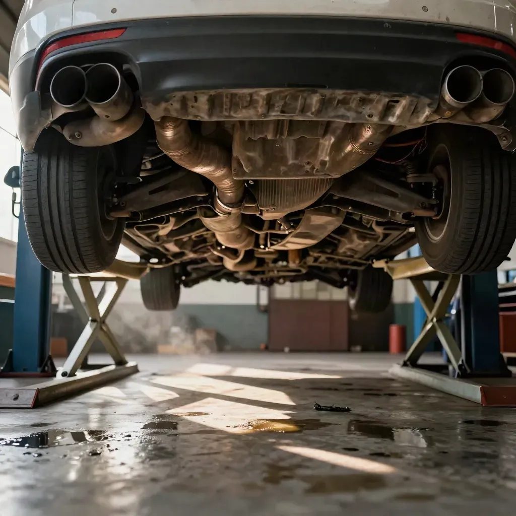 Auto na podnośniku, widok od podłogi na podwozie i świeże oględziny