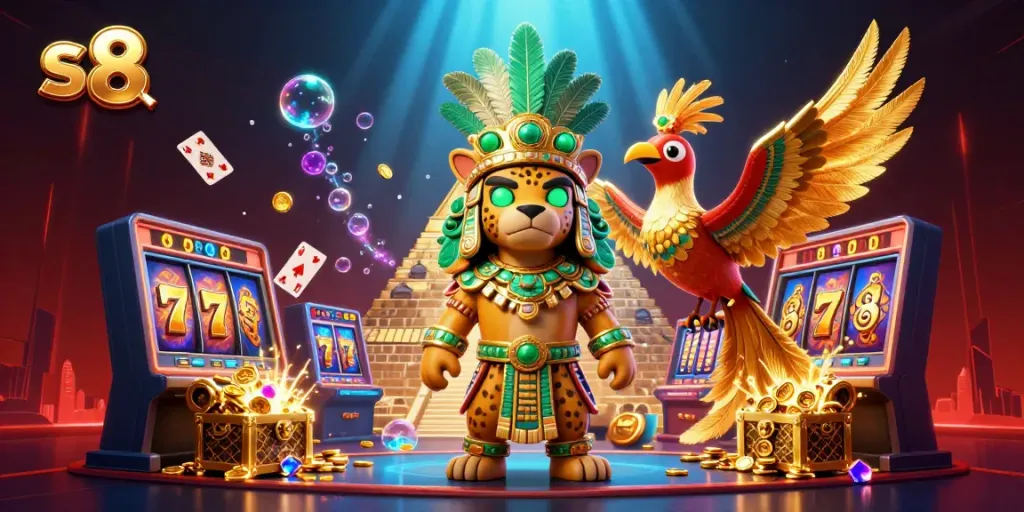 S 8 showcases a vibrant Mayan casino scene with slot reels, golden coins, and immersive elements