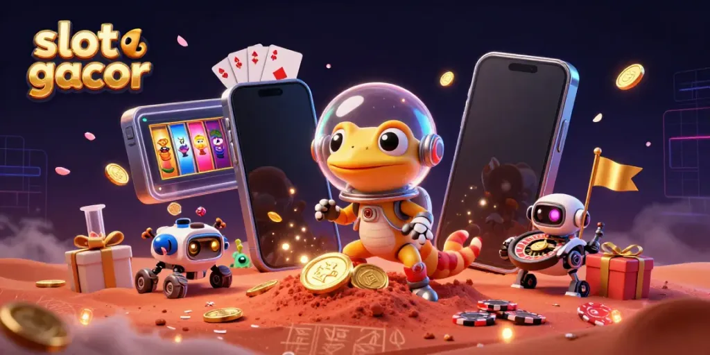Memperkenalkan slot gacor, gecko Martian menjelajahi kasino emas yang terkubur di Mars dengan kegembiraan.