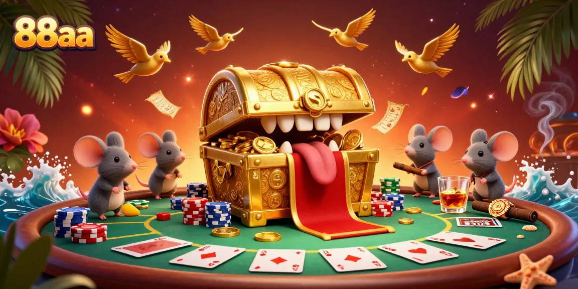 Experience excitement with 88aa's gold-laden treasure chest surrounded by vibrant poker elements.