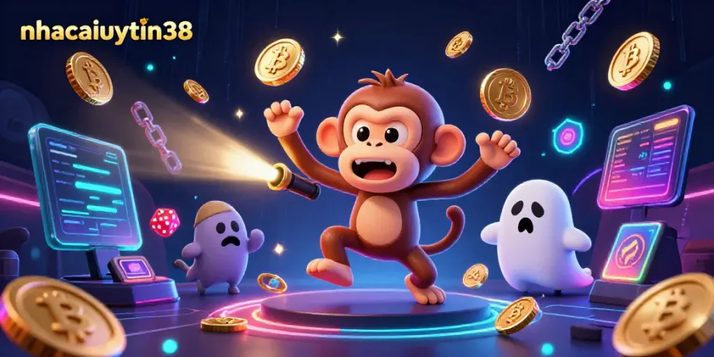 nhacaiuytin38 showcases a playful scene with a mischievous monkey juggling coins in a haunted casino