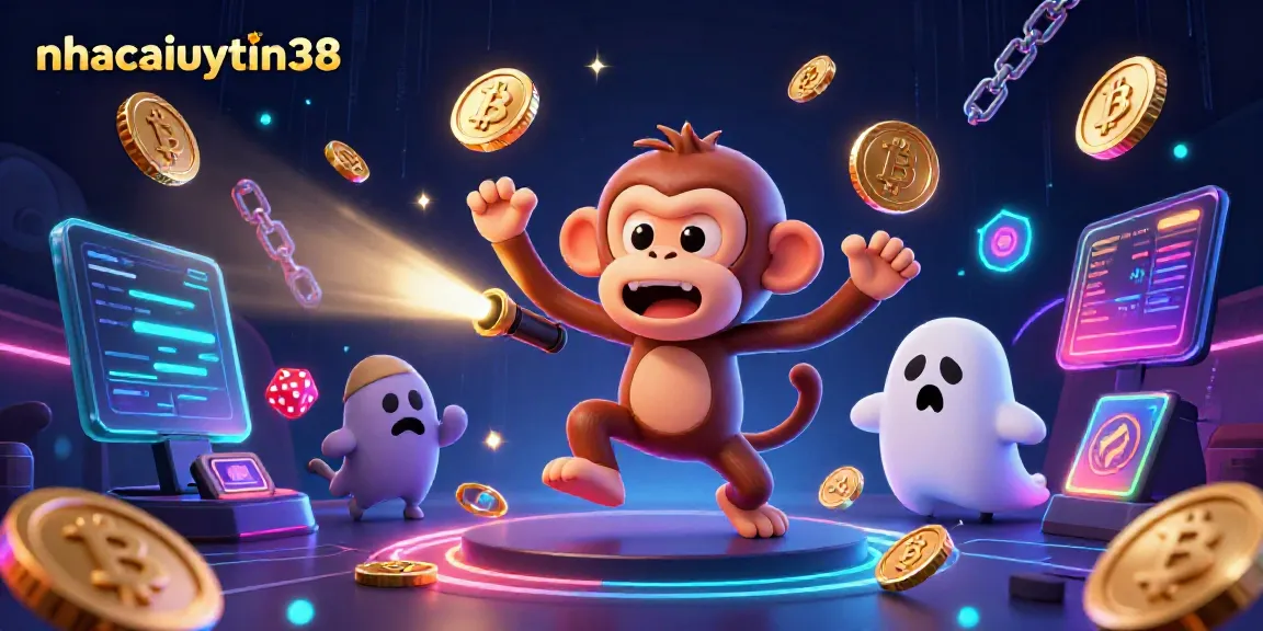 nhacaiuytin38 showcases a playful scene with a mischievous monkey juggling coins in a haunted casino