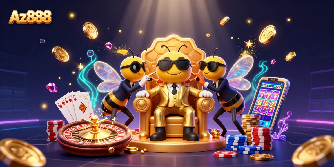 Experience Az888 with a vibrant 3D illustration showcasing casino elements and characters.