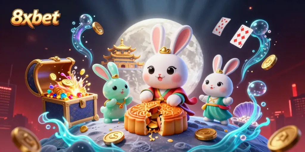 Experience the thrill of 8xbet with a dynamic casino scene illustrating a moon rabbit and treasure elements.