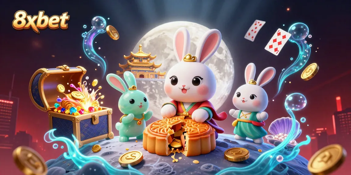 Experience the thrill of 8xbet with a dynamic casino scene illustrating a moon rabbit and treasure elements.