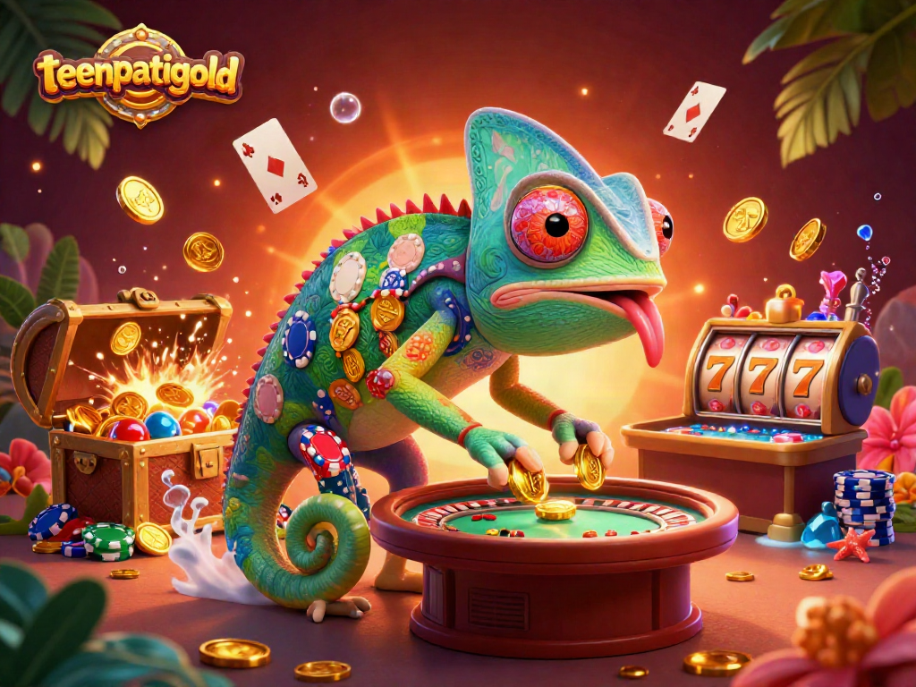 Experience winning with teenpatiigold in this colorful chameleon casino illustration.