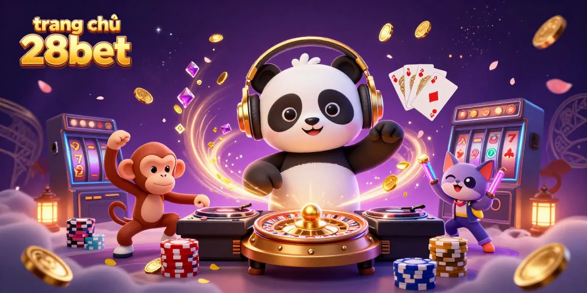 Engage with the vibrant scene at trang chủ 28bet, featuring a DJ panda and breakdancing monkey amid a lively casino atmosphere.