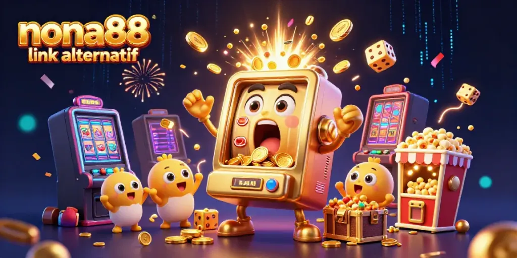 Exciting scene of a cartoon slot machine celebrating wins in vibrant casino background representing nona88 link alternatif.