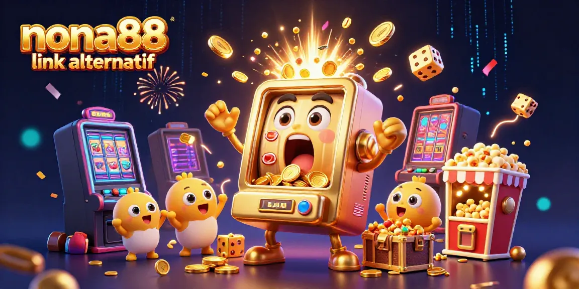 Exciting scene of a cartoon slot machine celebrating wins in vibrant casino background representing nona88 link alternatif.
