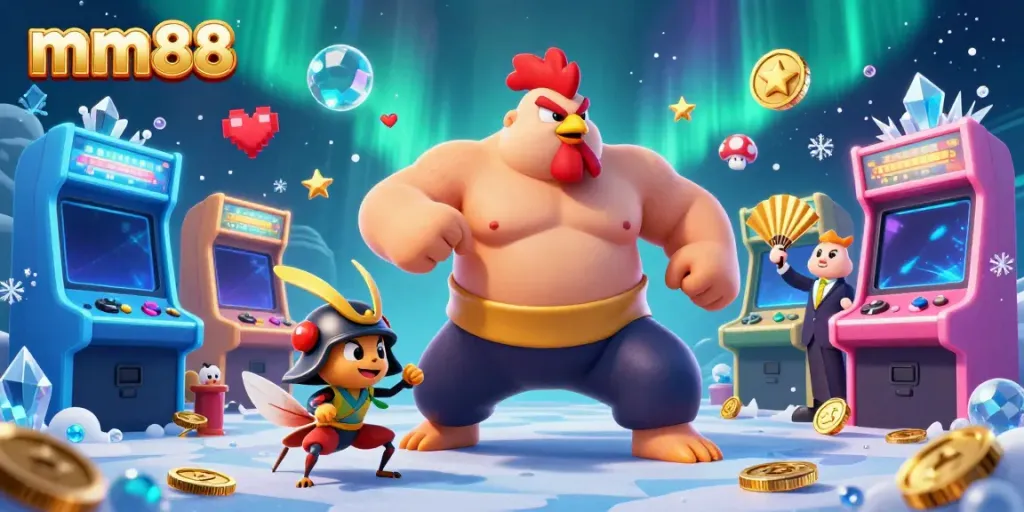 Engage in stunning gameplay with mm88's visually dynamic casino scene featuring colorful characters.