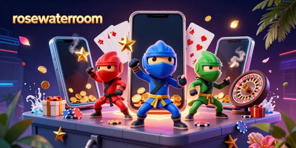 Experience exhilarating slot gaming with rosewaterroom's vibrant 3D ninja chameleons showcasing action-packed gameplay.